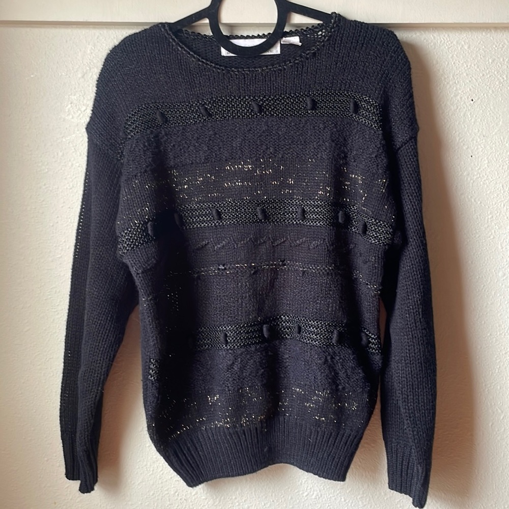 Vintage Bramble Lane black knit sweater with gold stitching detail